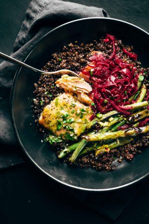 Baked Salmon with Lentils & Lemon Herb Sauce